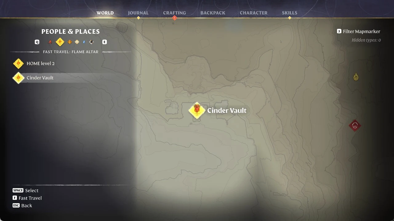 World map People & Places list with Cinder Vault highlighted and F Fast Travel shown in the footer