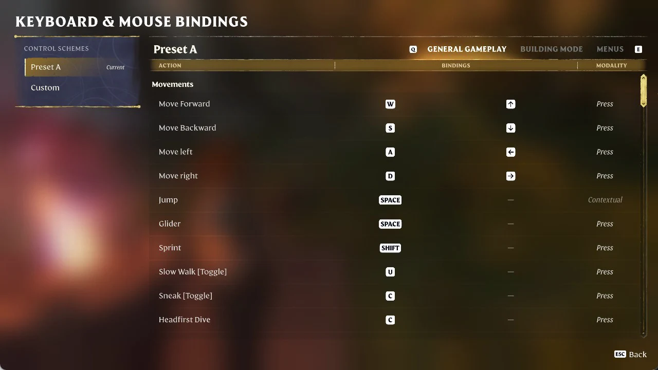 Keyboard & Mouse Bindings screen with Preset A selected and the General Gameplay movement keys listed