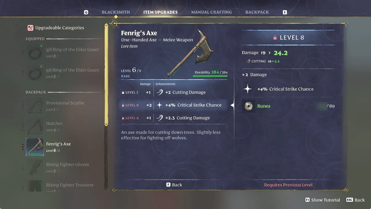 Fenrig's Axe selected in Item Upgrades with its Level 8 +4% Critical Strike Chance upgrade highlighted