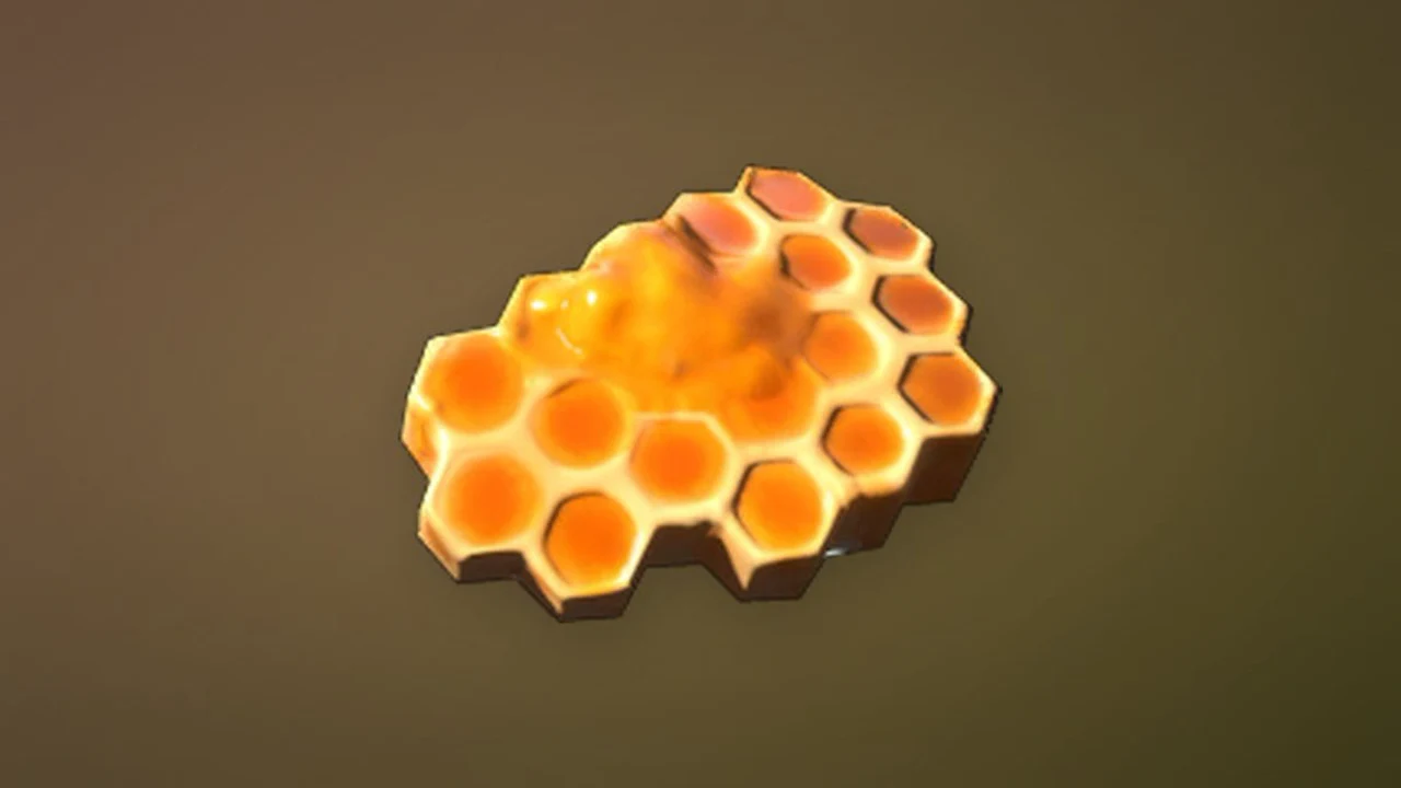 Golden honey dripping from a hexagonal comb against a plain brown background