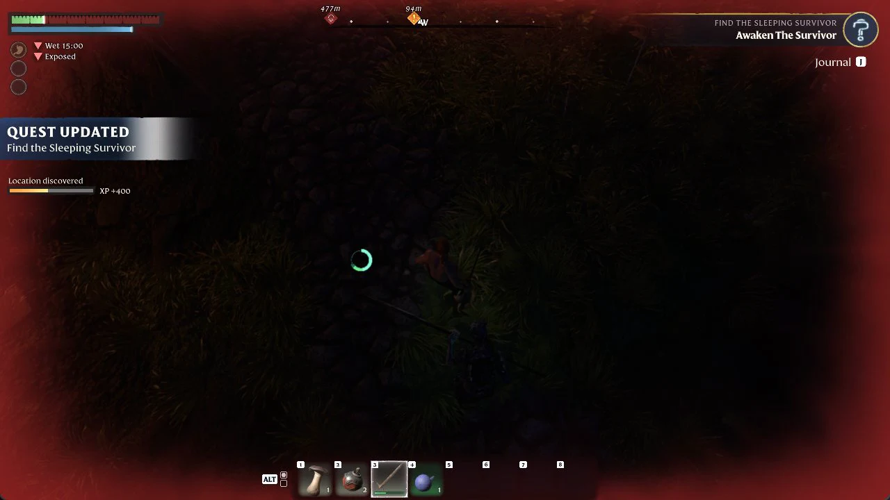 QUEST UPDATED Find the Sleeping Survivor and Location discovered XP +400 at the left of a dark screen