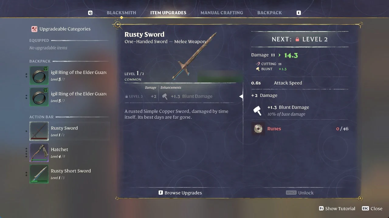 Rusty Sword selected in Item Upgrades, showing its locked Level 2 upgrade for 46 Runes