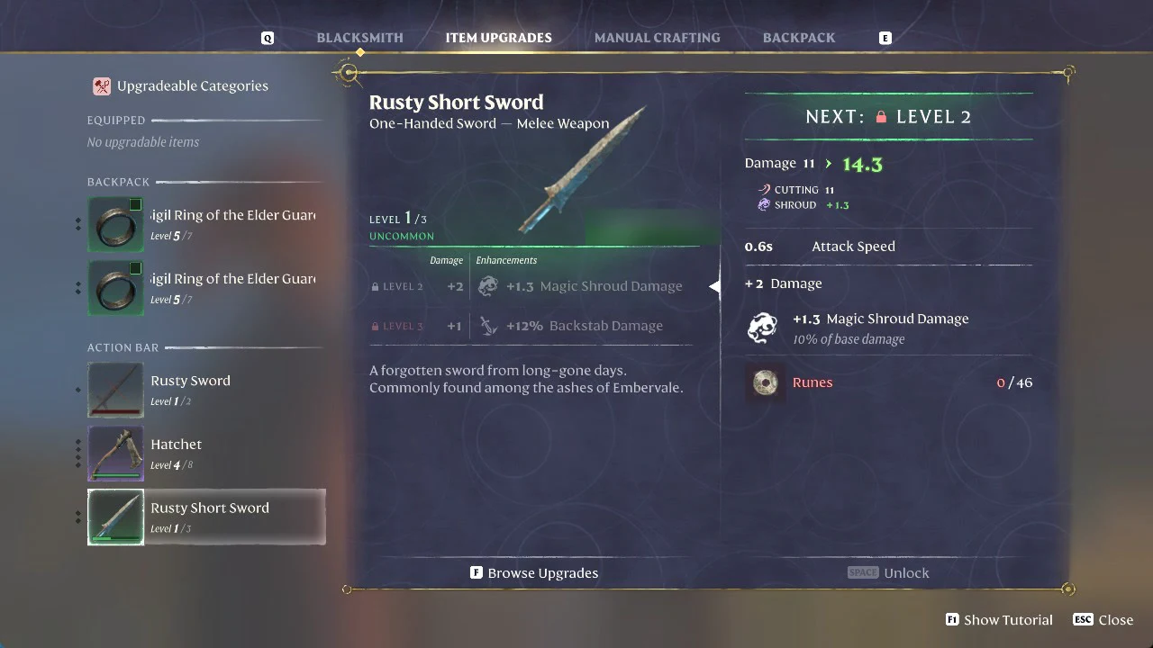 Rusty Short Sword selected in Item Upgrades, with its locked Level 2 upgrade costing 46 Runes