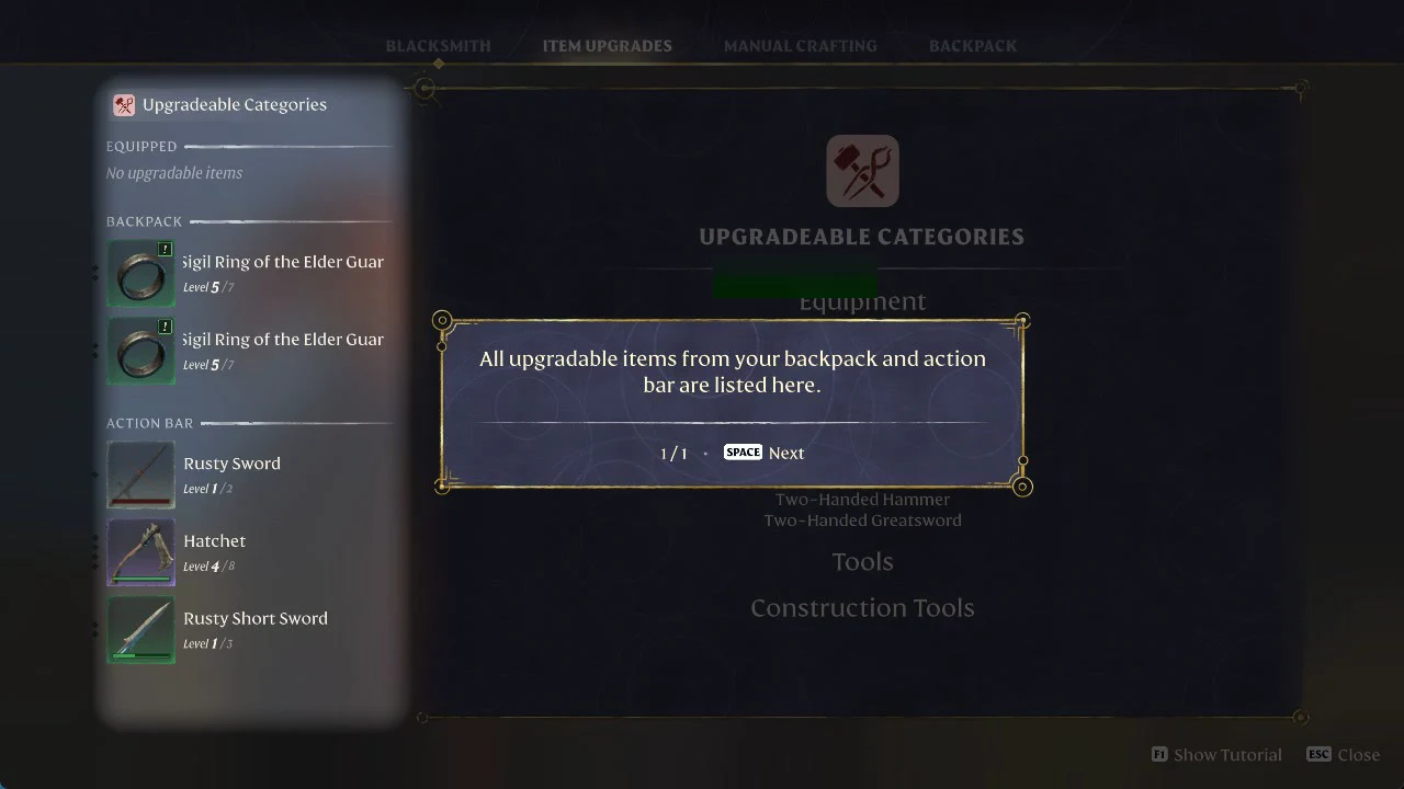 Item Upgrades tab showing its first-open tutorial message about backpack and action bar items
