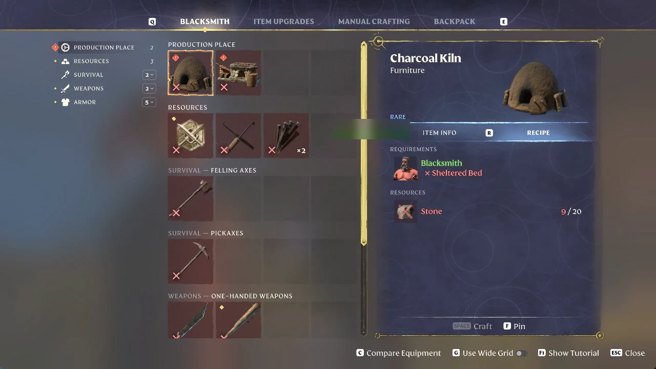 Oswald's crafting menu open on the Blacksmith tab, with the Item Upgrades tab next to it