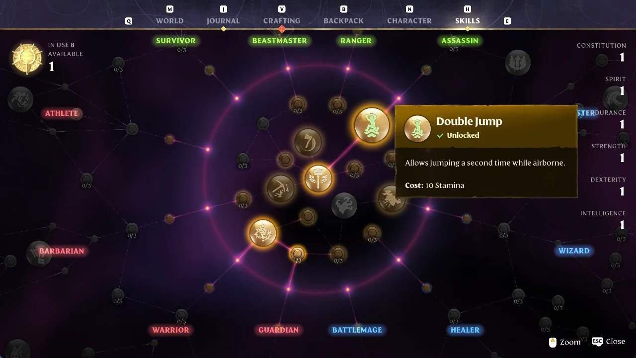 Enshrouded skill tree with an unlocked node selected near the center ring, its description shown beside it