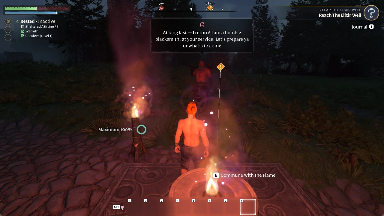 Character standing at the Flame Altar at dusk with the E Commune with the Flame prompt while the Blacksmith speaks