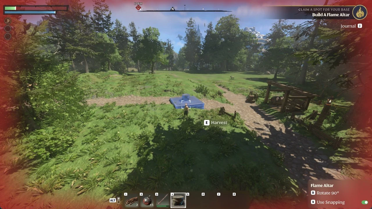 Blue Flame Altar placement preview on a stone path in a sunlit forest clearing, with the build prompt panel on screen.
