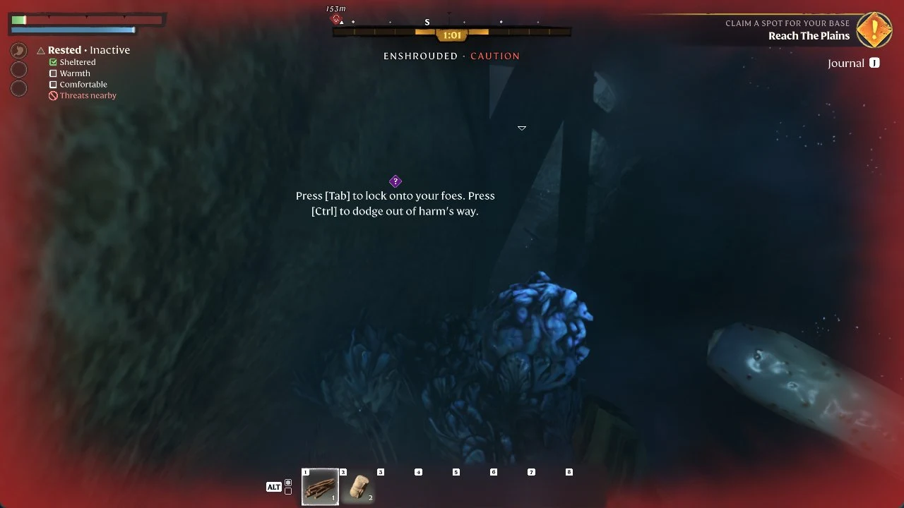 Dim cave with a blue crystalline growth, red vignette, caution warning, status panel and tutorial prompt about locking on and dodging.