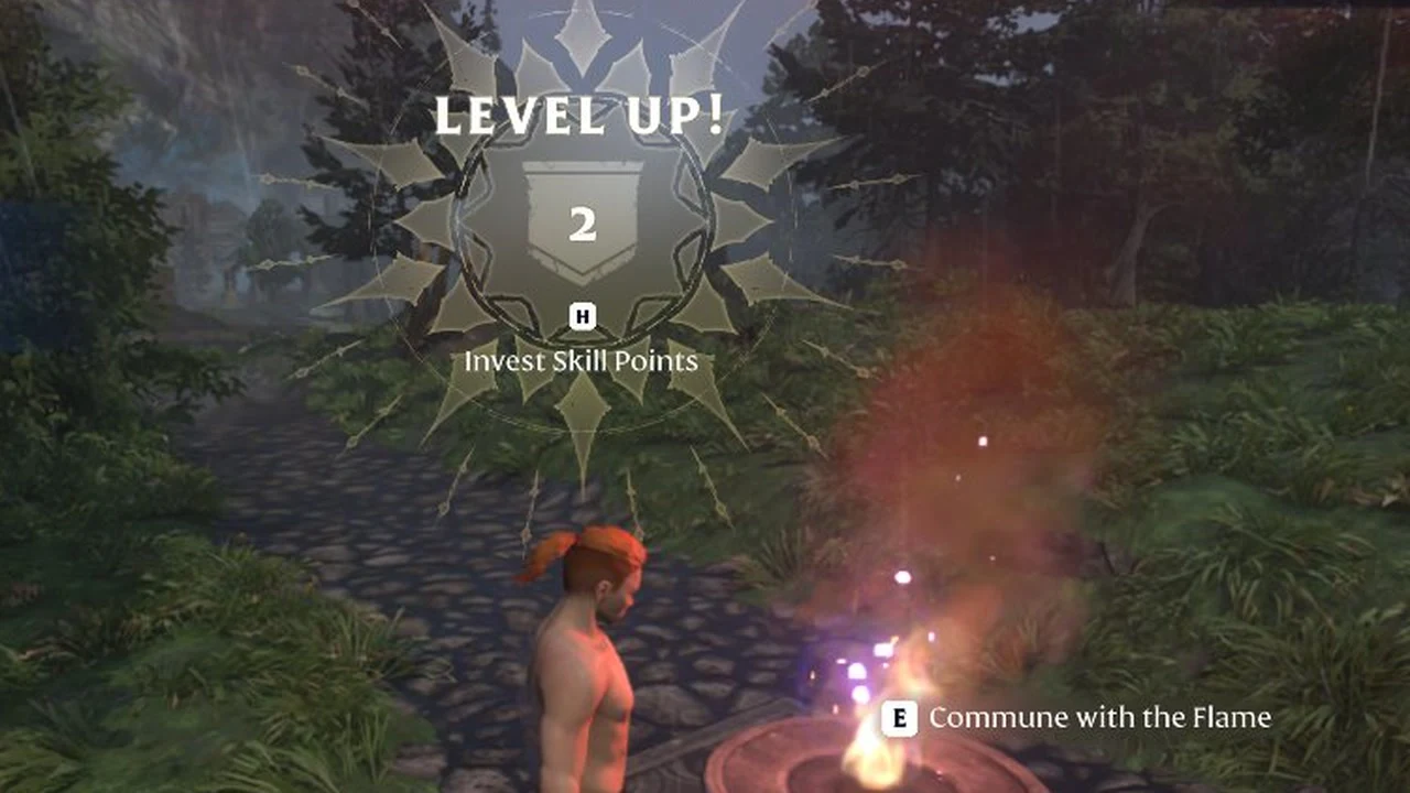 Shirtless red-haired character standing near a glowing flame on a forest path under a large Level Up 2 banner.