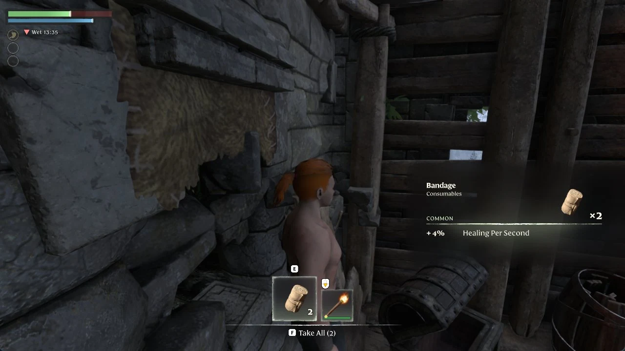 Player stands beside a stone wall and wooden barrels while a loot panel offers two Bandages and a Torch.