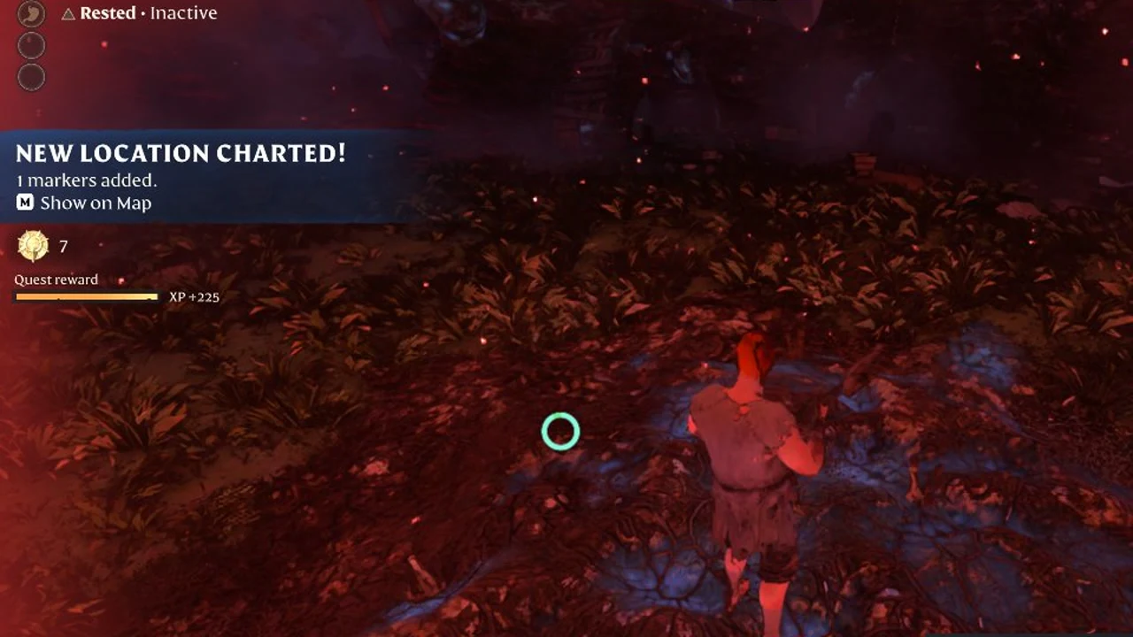 Player character walks through dark red foliage while a New Location Charted banner and quest reward XP appear on the left.