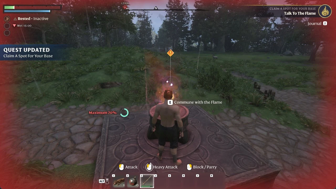 Shirtless player stands before a glowing Flame Altar on a carved stone platform, with a quest updated notice at left.