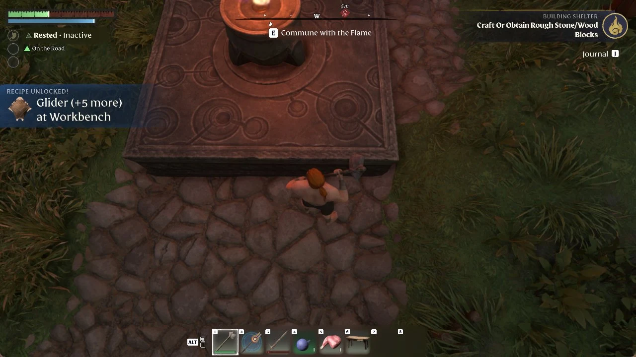 Player with an axe stands on cobblestones before a stone Flame altar, with a recipe unlocked notice at left.