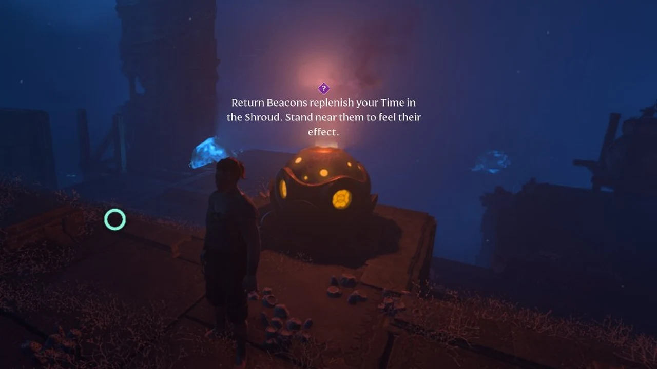 A character stands beside a glowing orange Return Beacon in a dark blue Shroud, with a tutorial tip above it.