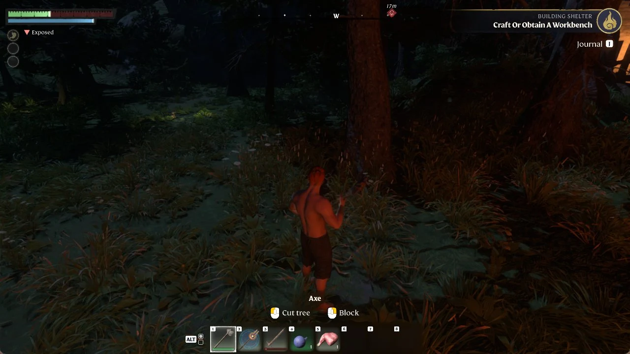 Character with an axe stands in a dark forest at night, with a quest tracker and hotbar visible.