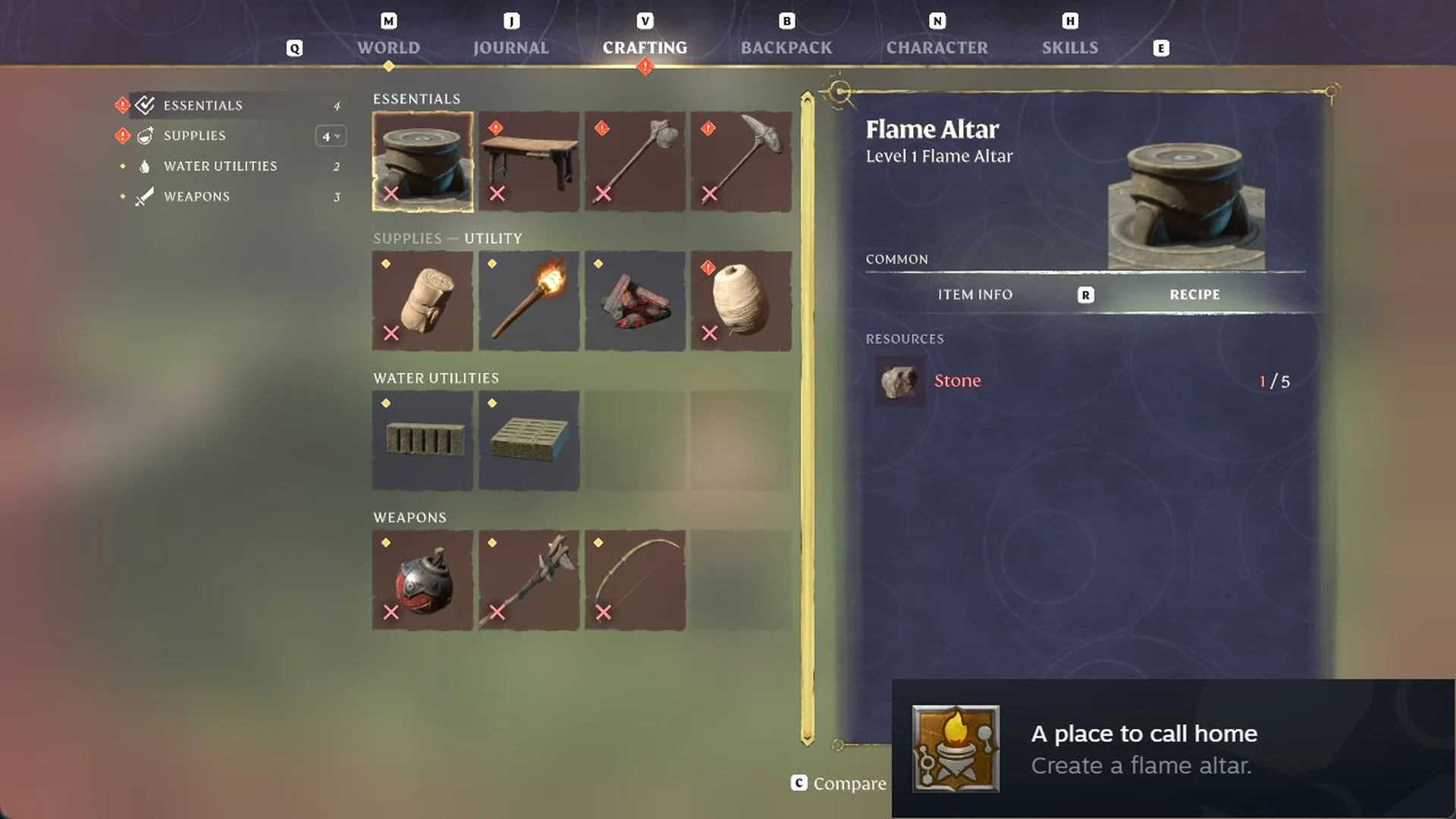 A place to call home achievement pop-up over the Crafting menu with the Level 1 Flame Altar selected