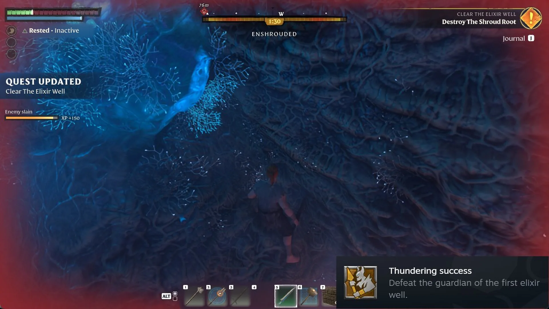 Thundering success achievement pop-up at the bottom right after the Fell Thunderbrute dies, with Enemy slain XP +150 at the left