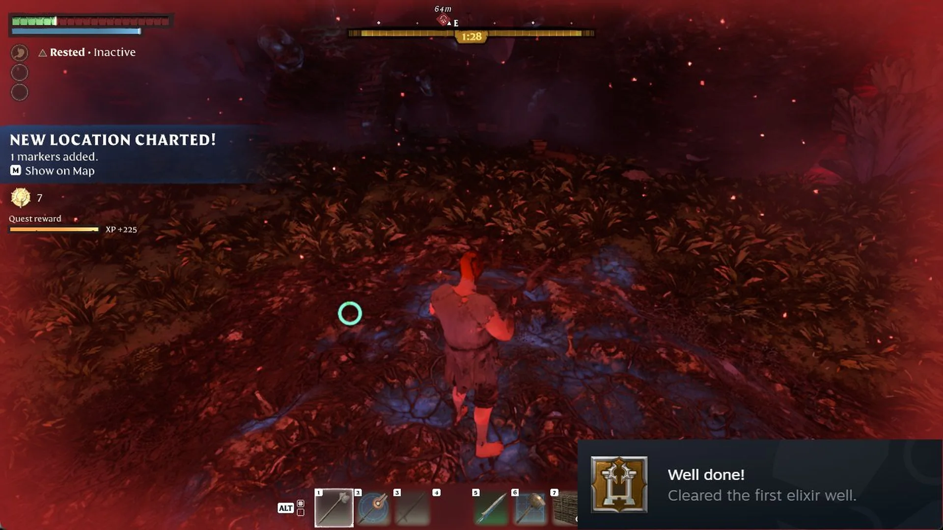 Well done! achievement pop-up with NEW LOCATION CHARTED and Quest reward XP +225 after the Elixir Well Shroud Root is destroyed