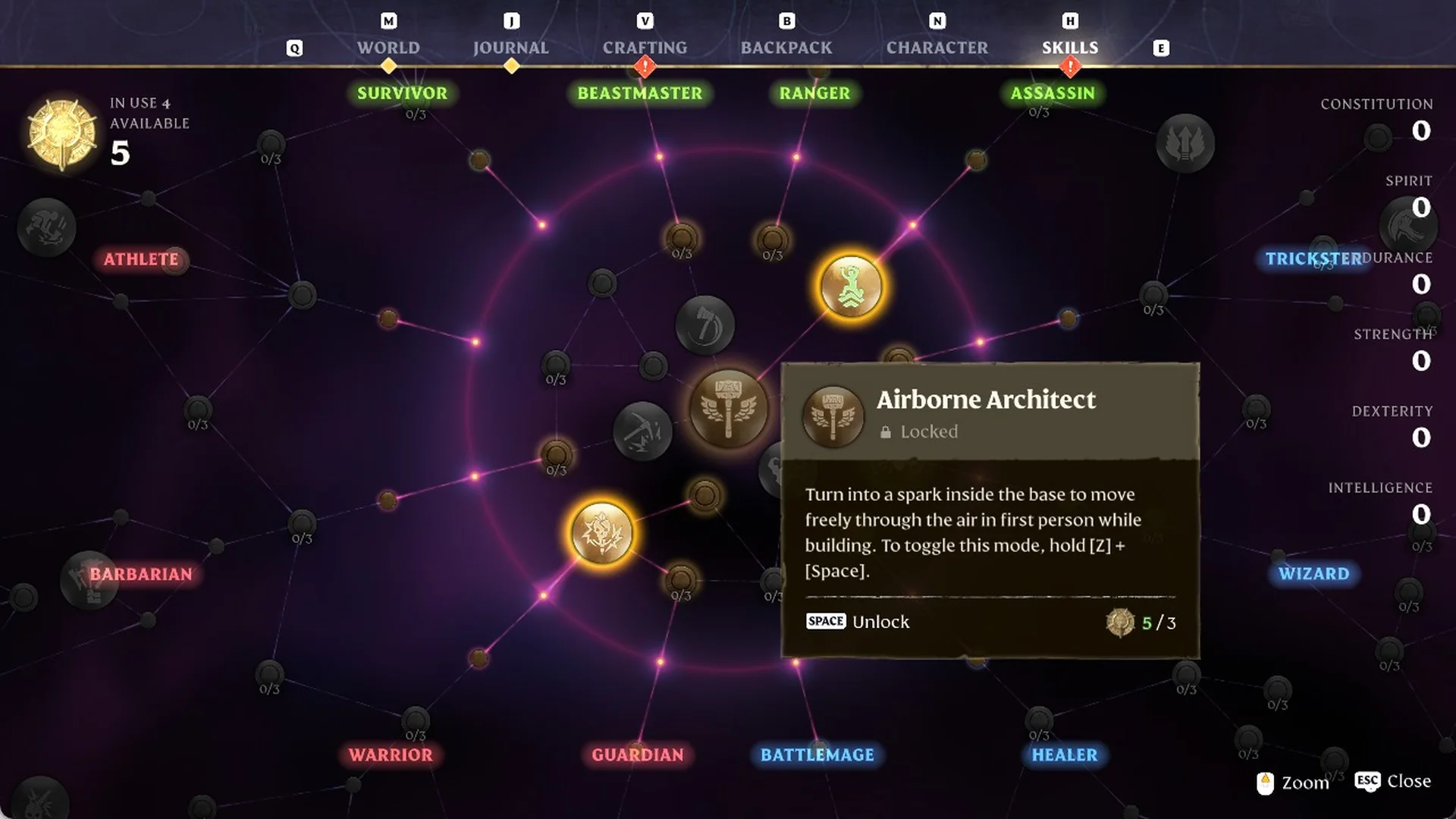 Airborne Architect skill card on the Enshrouded Skills screen, Locked, with the hold Z + Space text and the unlock prompt
