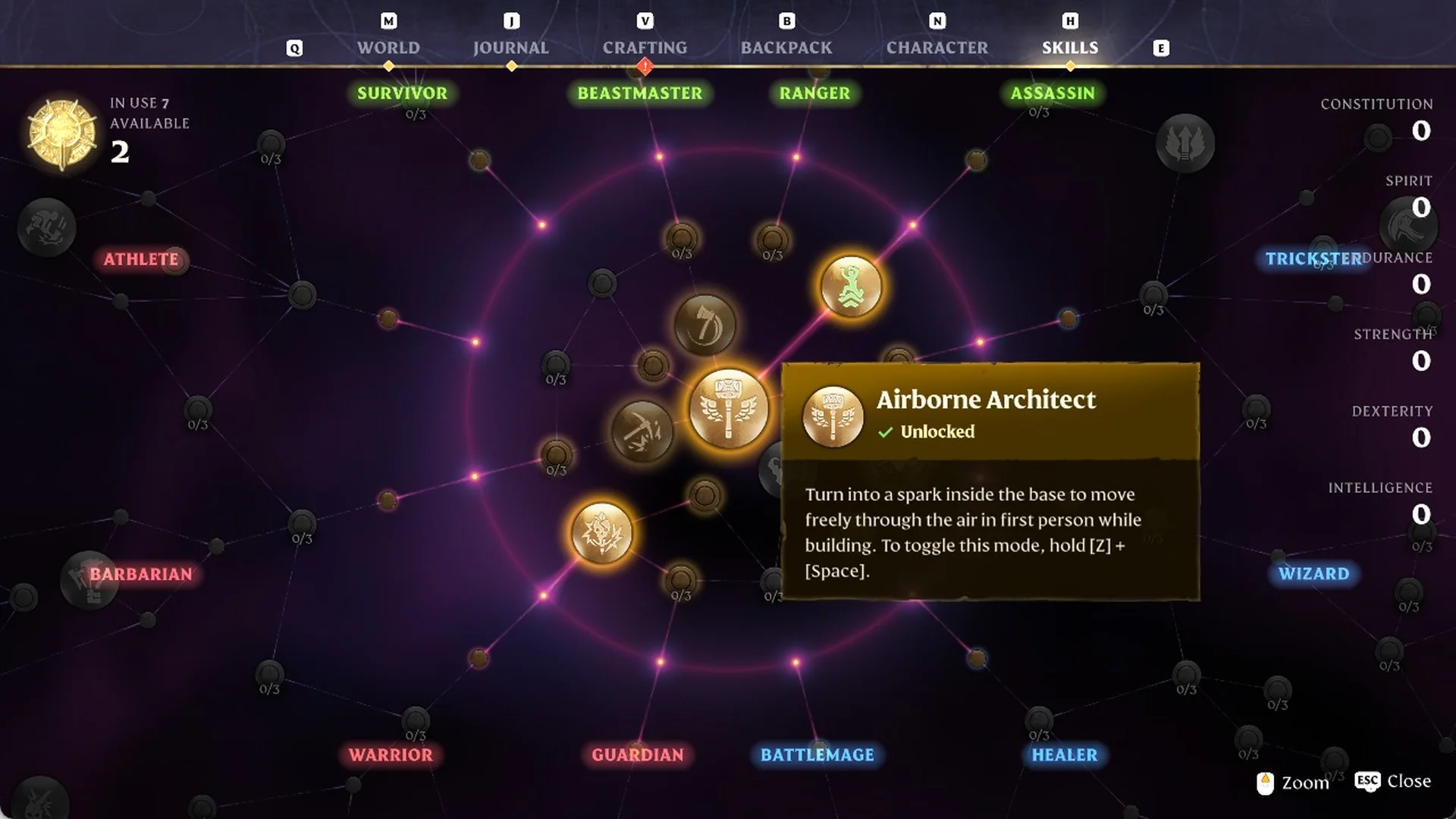 Airborne Architect skill card marked Unlocked on the Enshrouded Skills screen, lit up on the skill tree