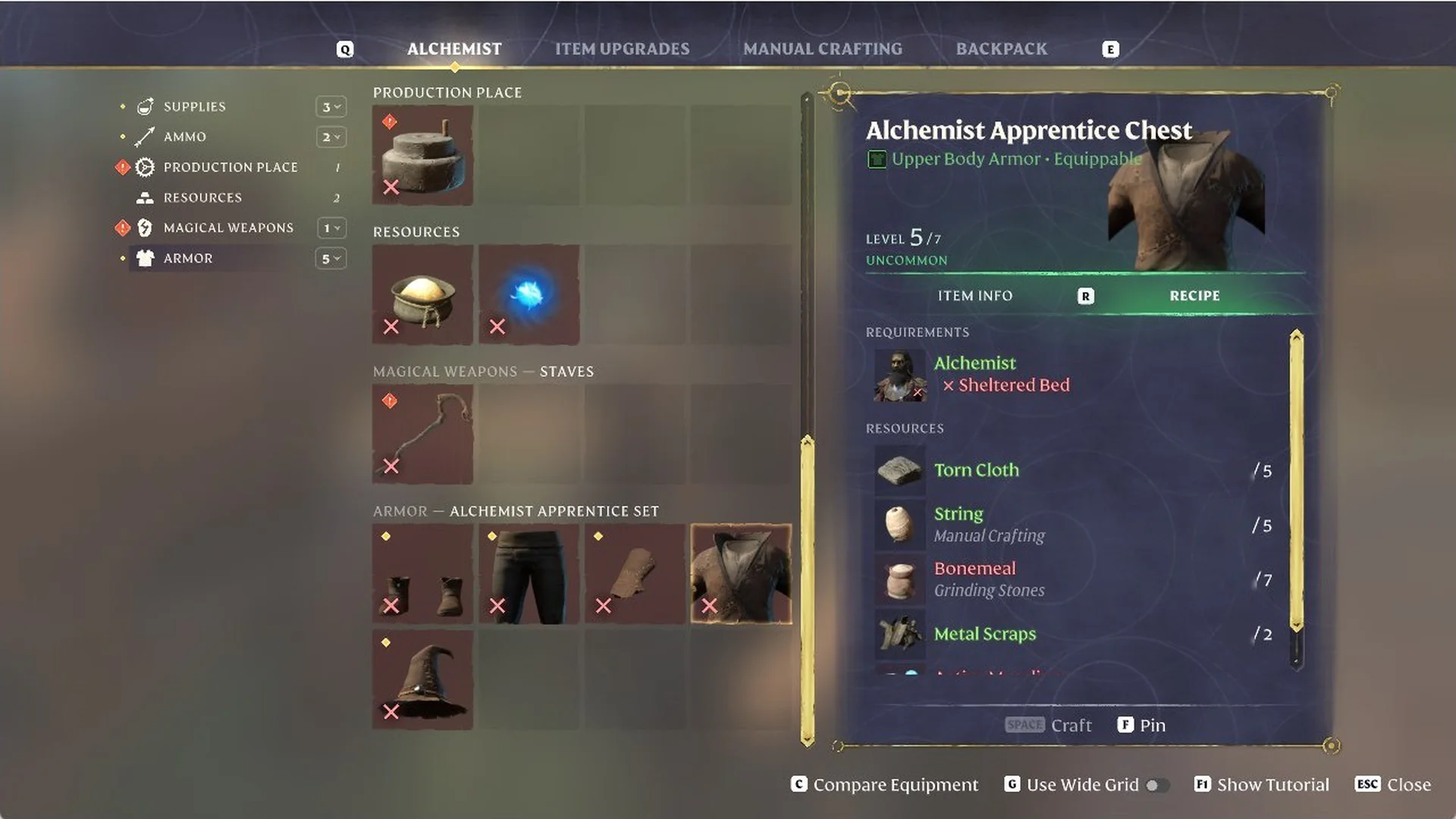 Alchemist Apprentice Chest recipe card at the Alchemist in Enshrouded