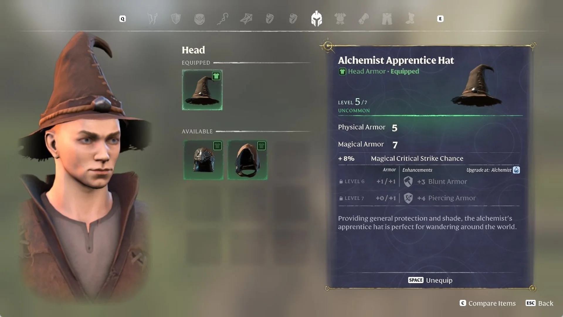 Enshrouded Alchemist Apprentice Hat card with Physical Armor 5, Magical Armor 7 and 'Upgrade at: Alchemist'