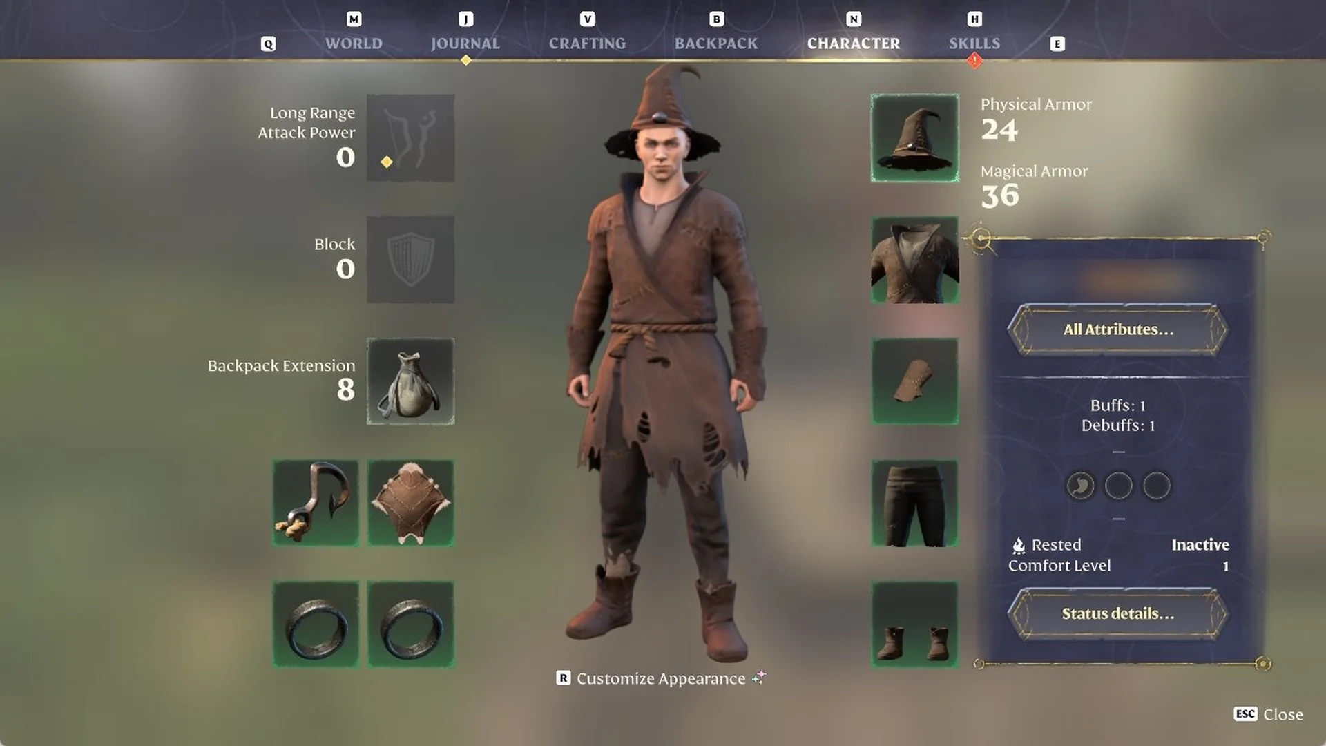 Enshrouded Character screen with Alchemist Apprentice set, Physical Armor 24 and Magical Armor 36