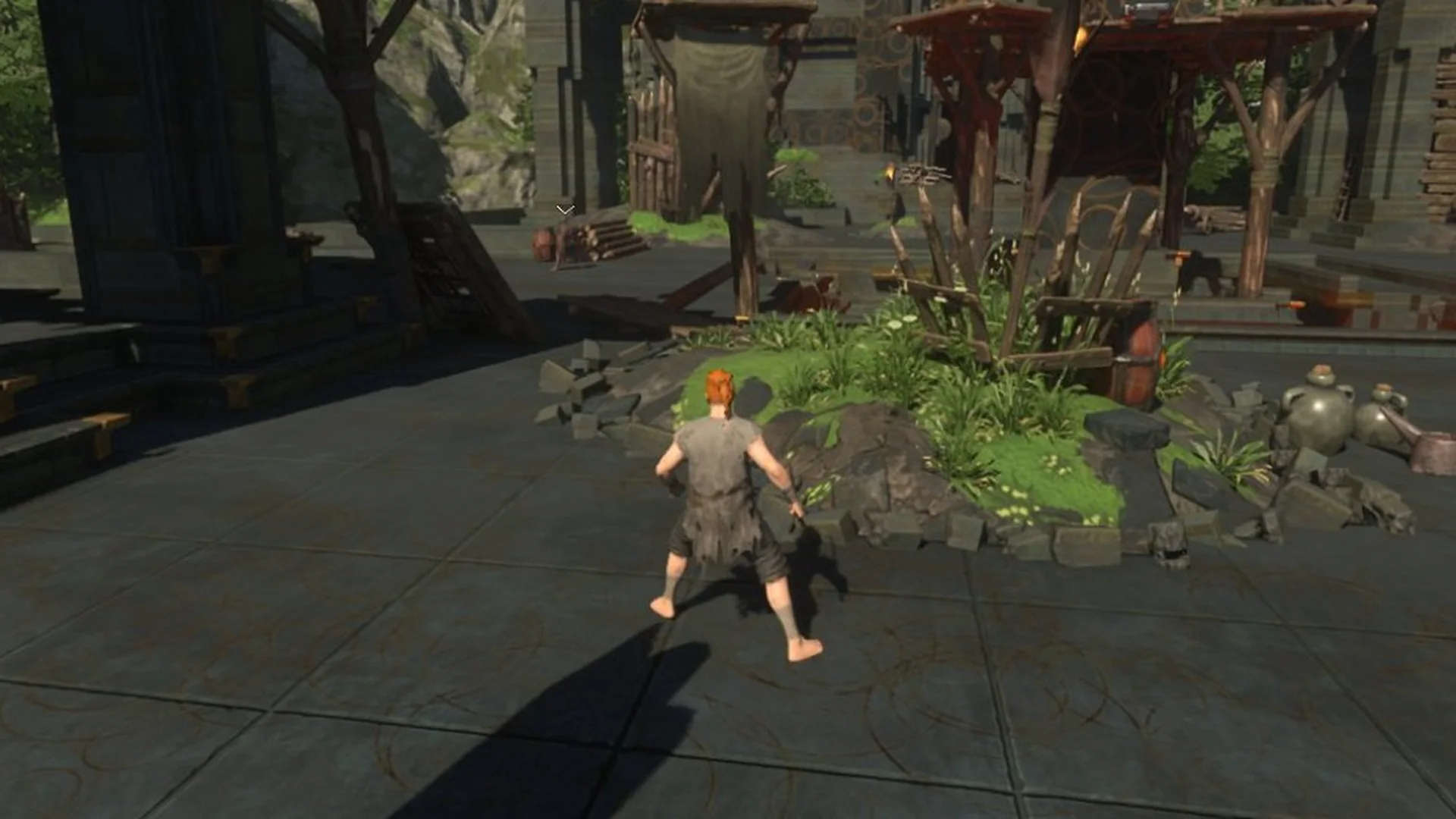 Enshrouded vault courtyard reached by broken stone steps, with a red wooden watchtower ahead