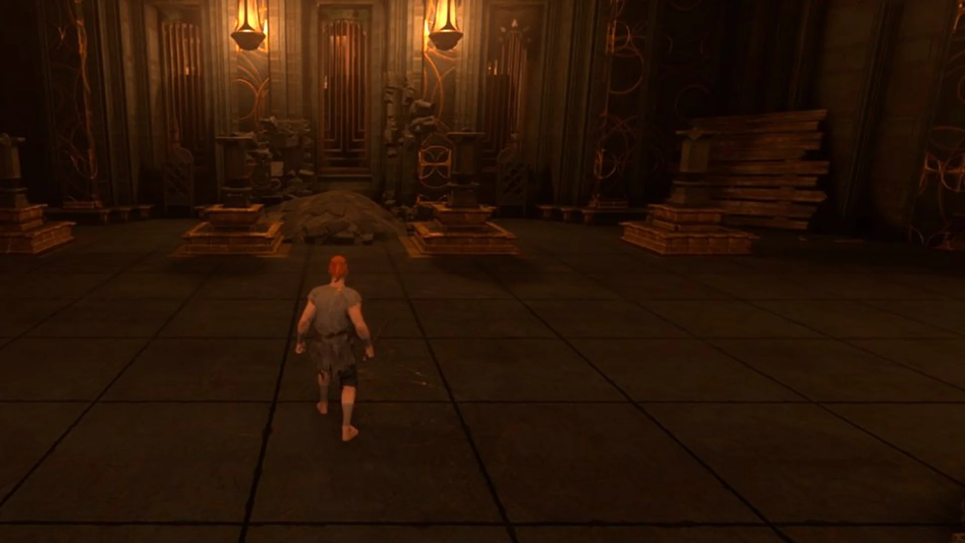 Enshrouded first hall of the Ancient Vault with pillars, lanterns and rubble against the back wall