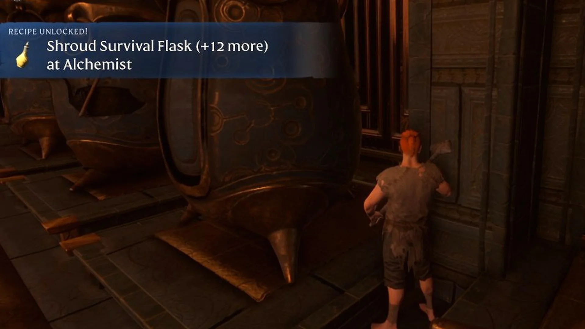 Enshrouded 'RECIPE UNLOCKED! Shroud Survival Flask (+12 more) at Alchemist' banner beside the pod