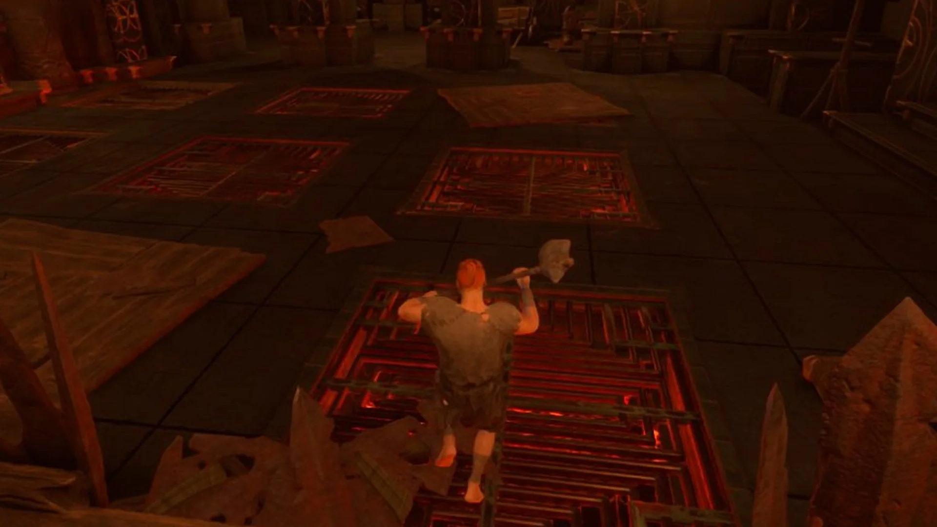 Enshrouded character standing on a red grated spike trap in a large vault room