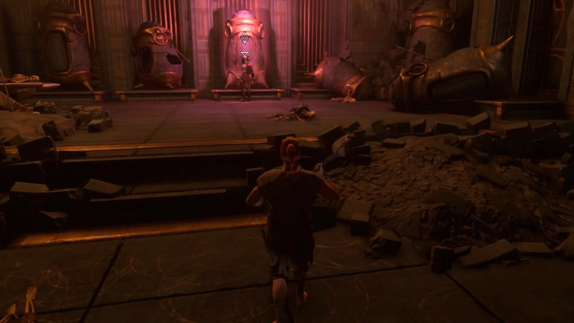 Enshrouded purple-lit ritual chamber with brass pods along the walls and a glowing central pod