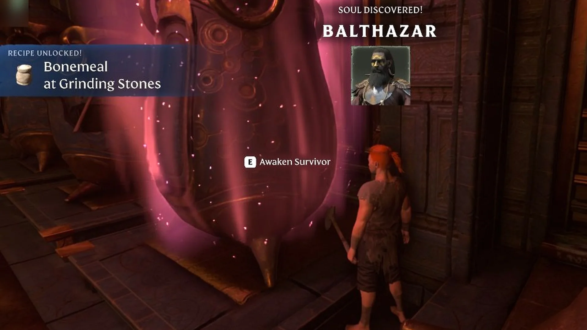Enshrouded 'SOUL DISCOVERED! BALTHAZAR' banner with his portrait and the Bonemeal recipe unlock