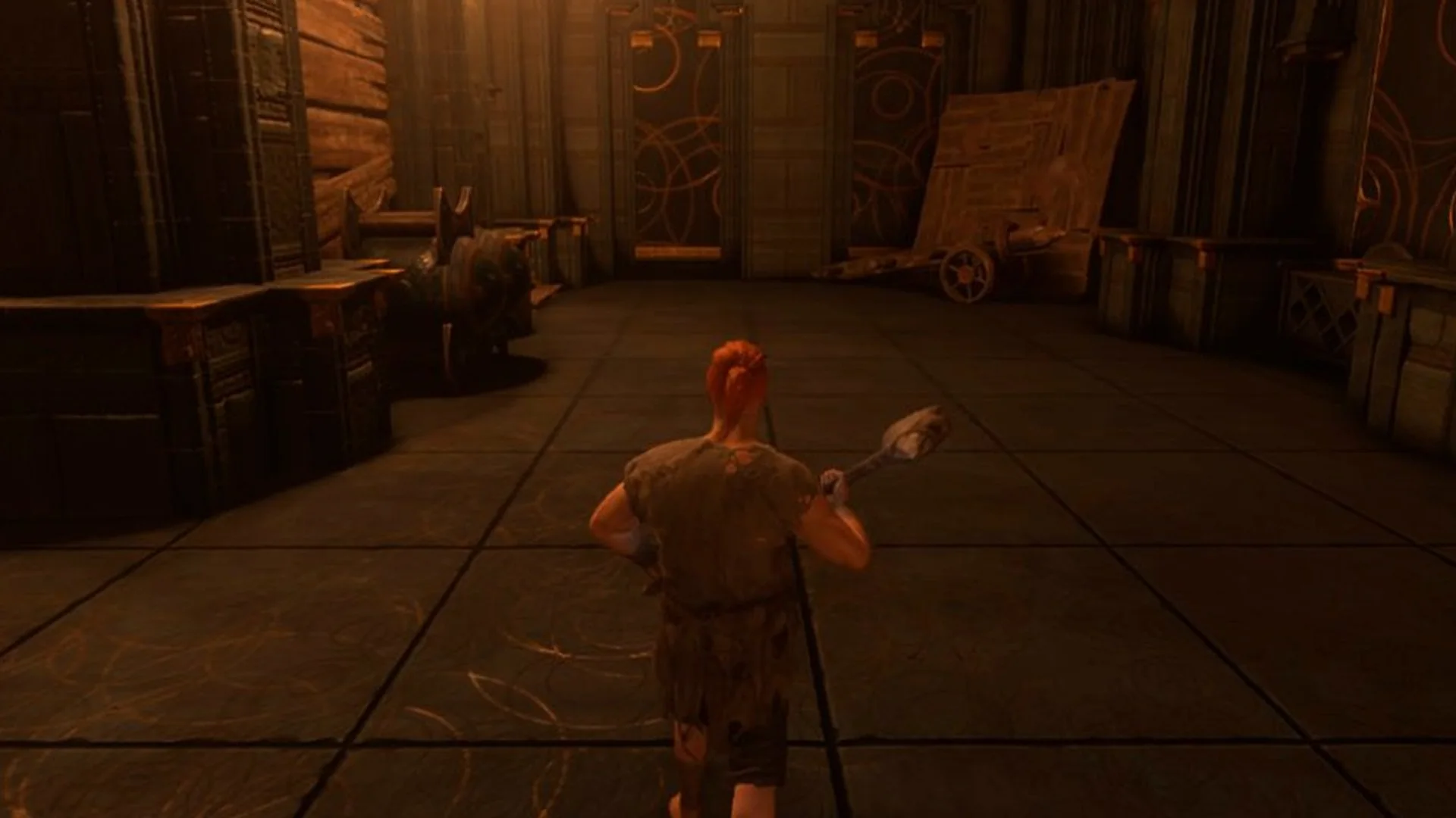 Enshrouded storage room in the Ancient Vault with crates and a cart, heading west