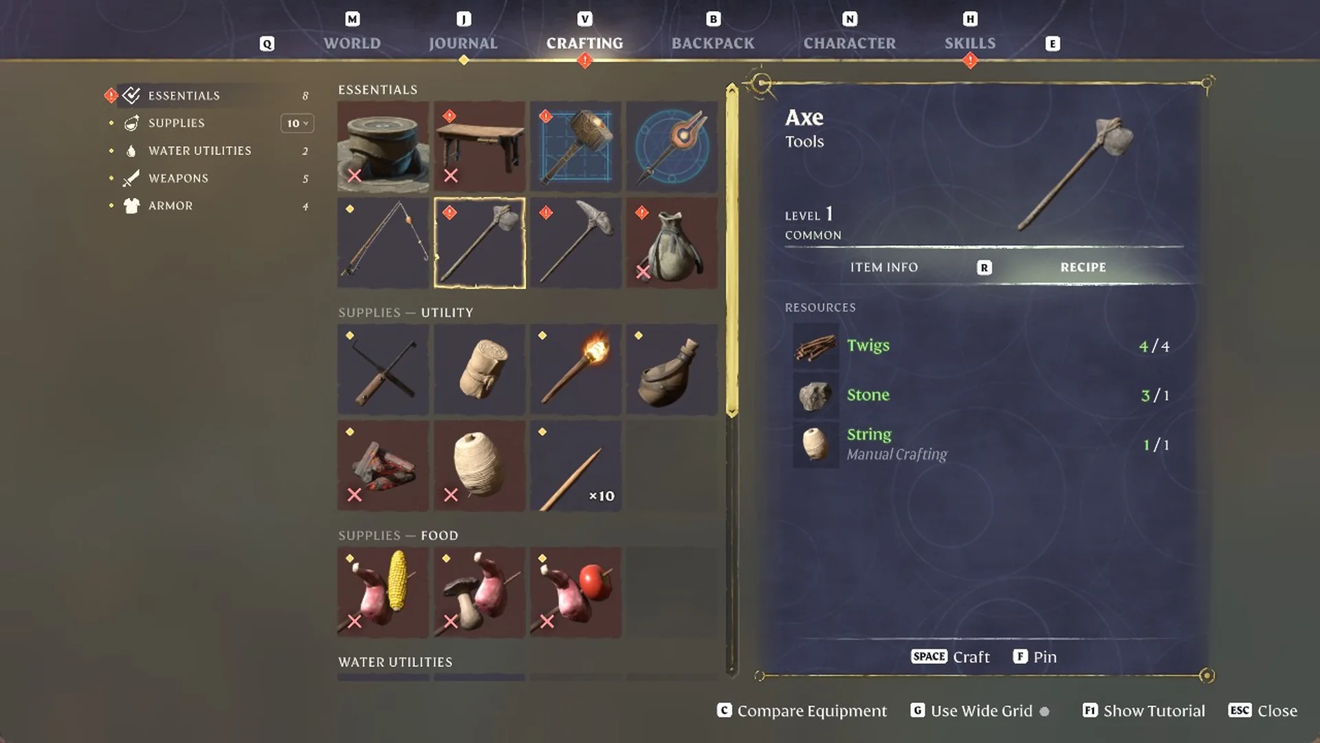 Crafting menu with the Axe selected, listing Twigs 4, Stone 1 and String 1