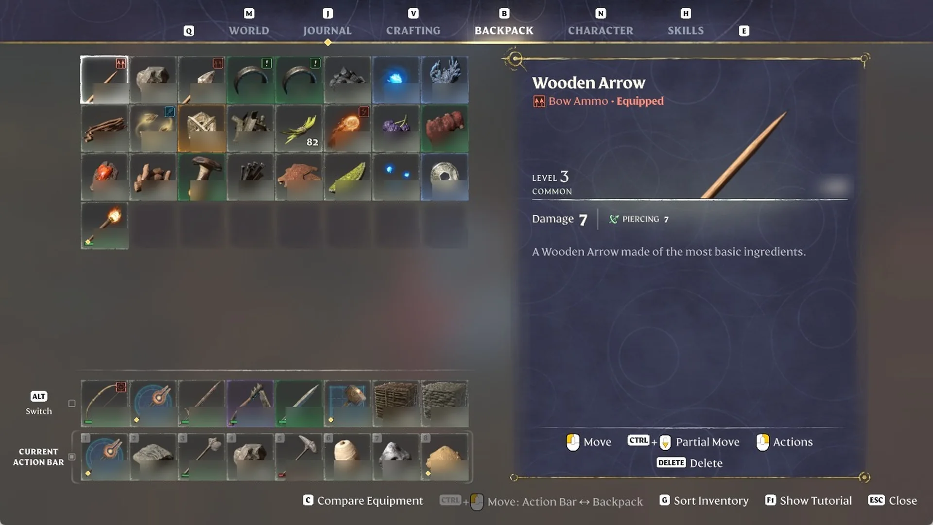 Enshrouded BACKPACK tab with a hovered stack and footer prompts including 'CTRL + Partial Move'