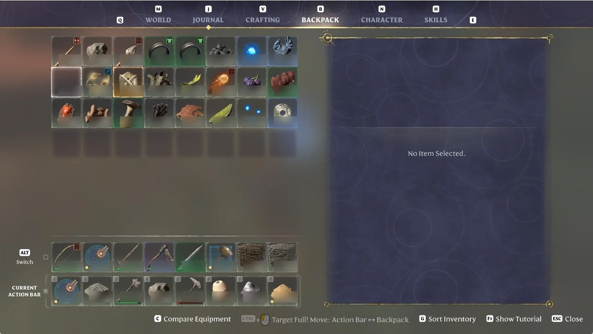 Enshrouded Backpack tab showing a fourth row of eight empty slots after equipping the Tiny Backpack