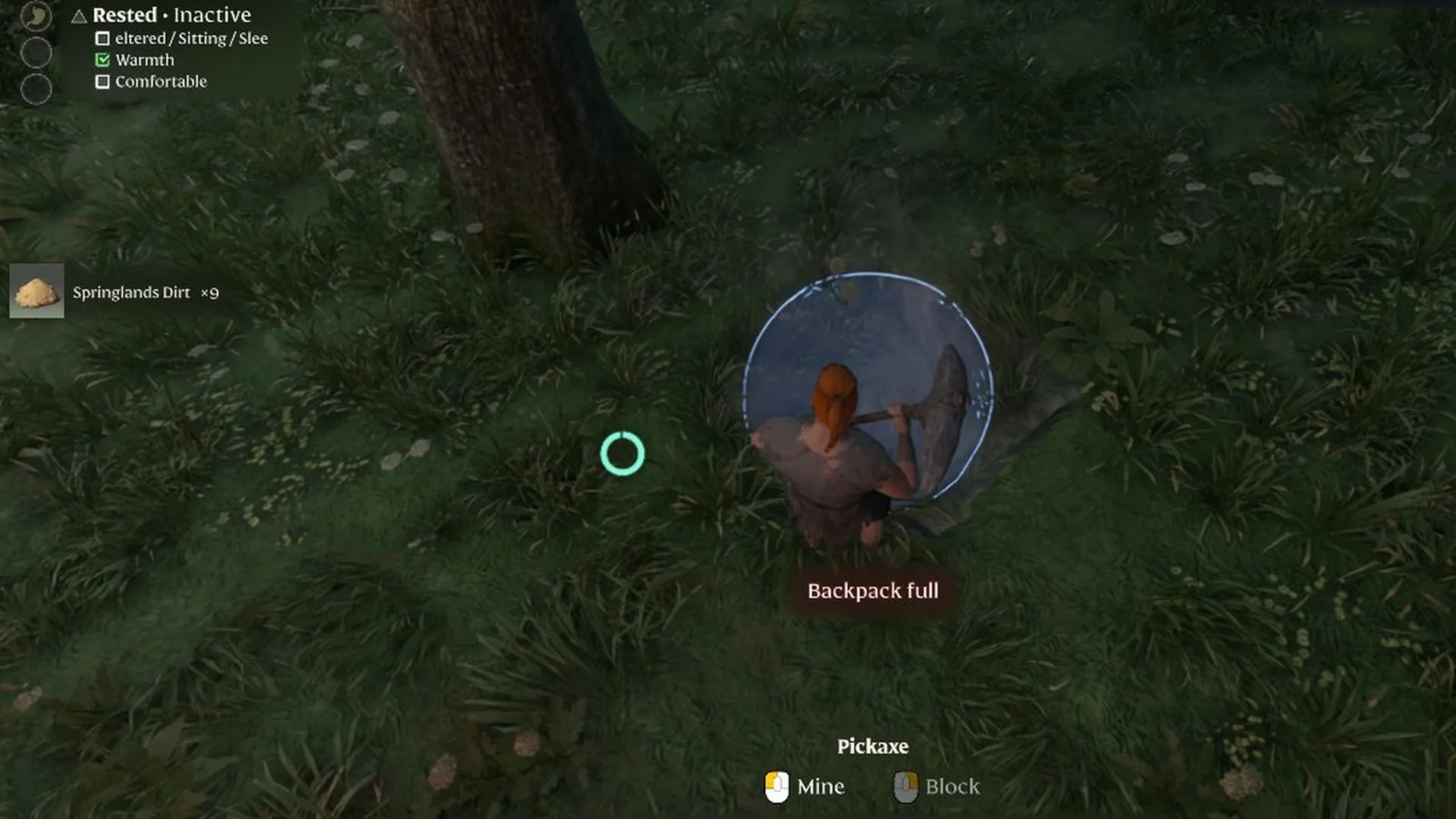 Enshrouded player holding a Pickaxe with a 'Backpack full' note and a 'Springlands Dirt' pickup note
