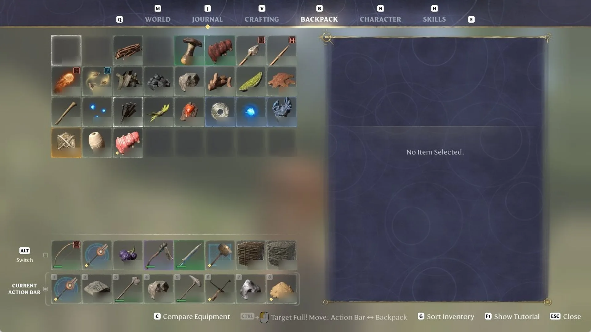 Enshrouded BACKPACK tab after choosing Delete on a Ragged Shirt, top left slot empty, right panel showing No Item Selected