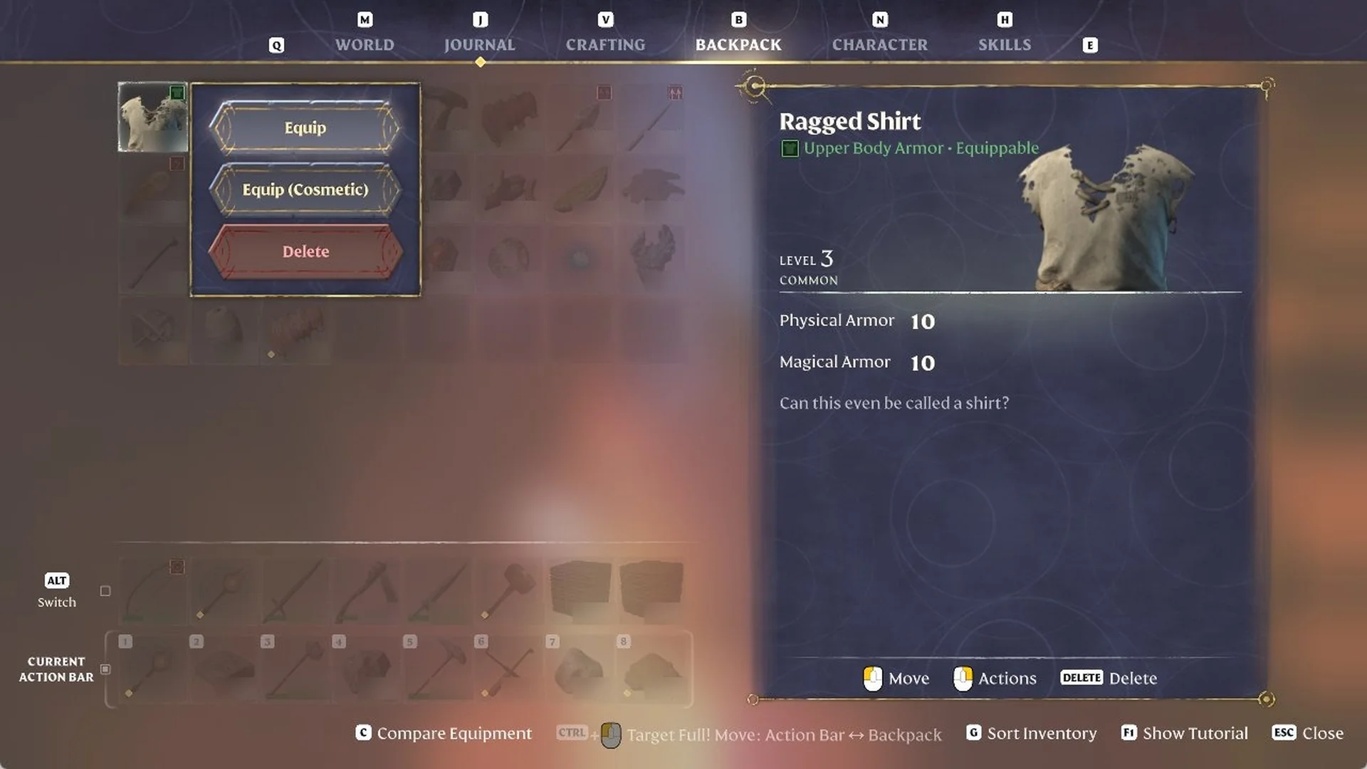 The Enshrouded BACKPACK tab showing the right-click menu on a Ragged Shirt with Equip, Equip (Cosmetic) and Delete, plus its item card
