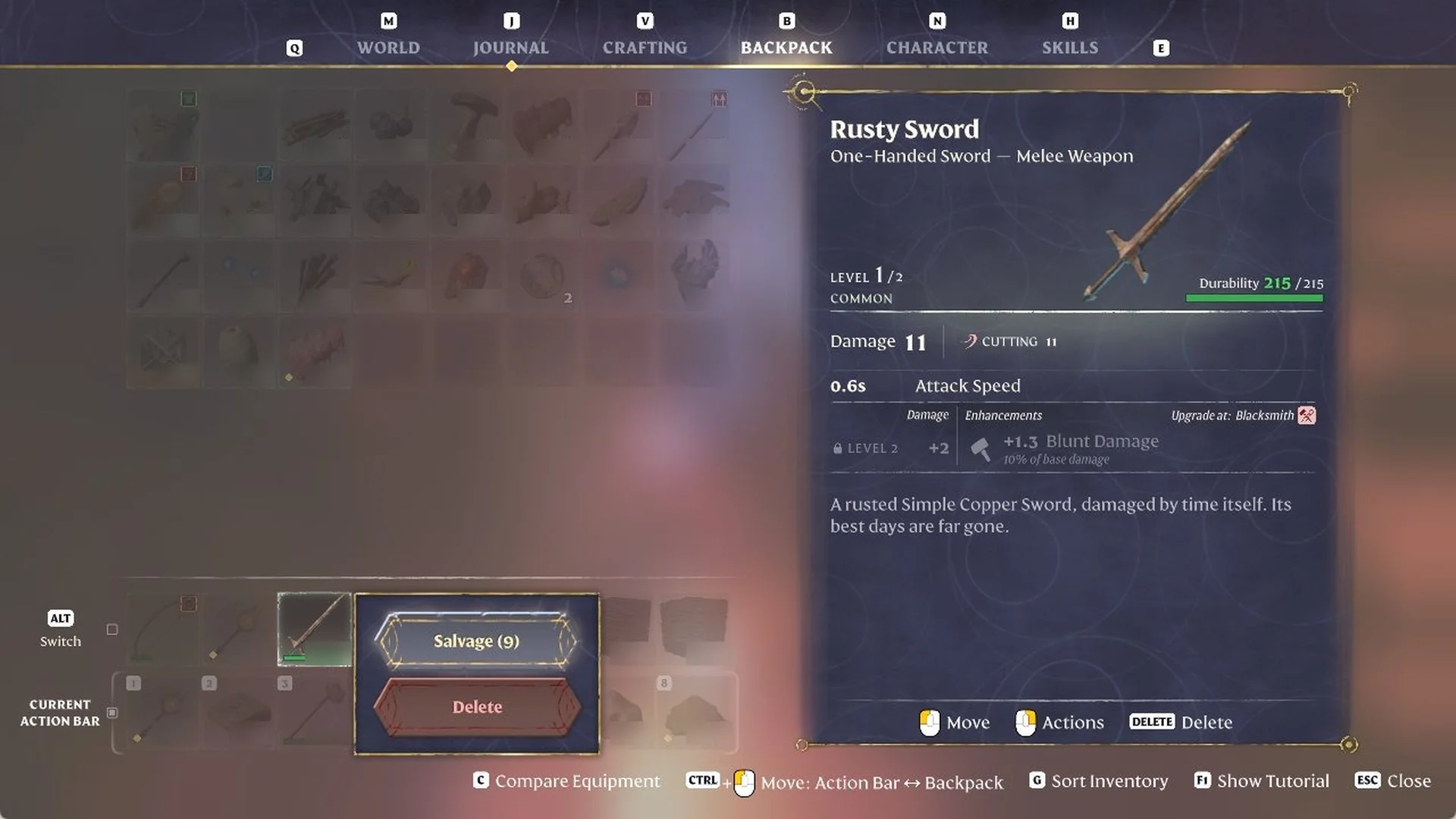 Enshrouded BACKPACK tab with a right-click menu on a Rusty Sword in the action bar showing Salvage (9) and Delete