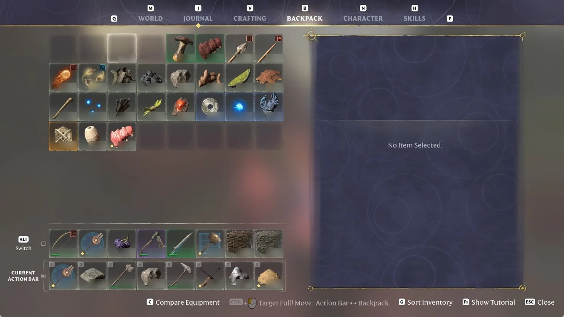 Enshrouded BACKPACK tab after pressing DELETE on a Twigs stack, showing the empty slot and No Item Selected in the right panel