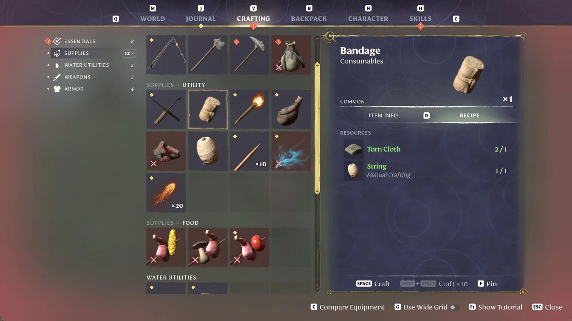 Bandage recipe card in the Enshrouded 1.0 Crafting tab, costing Torn Cloth 1 and String 1