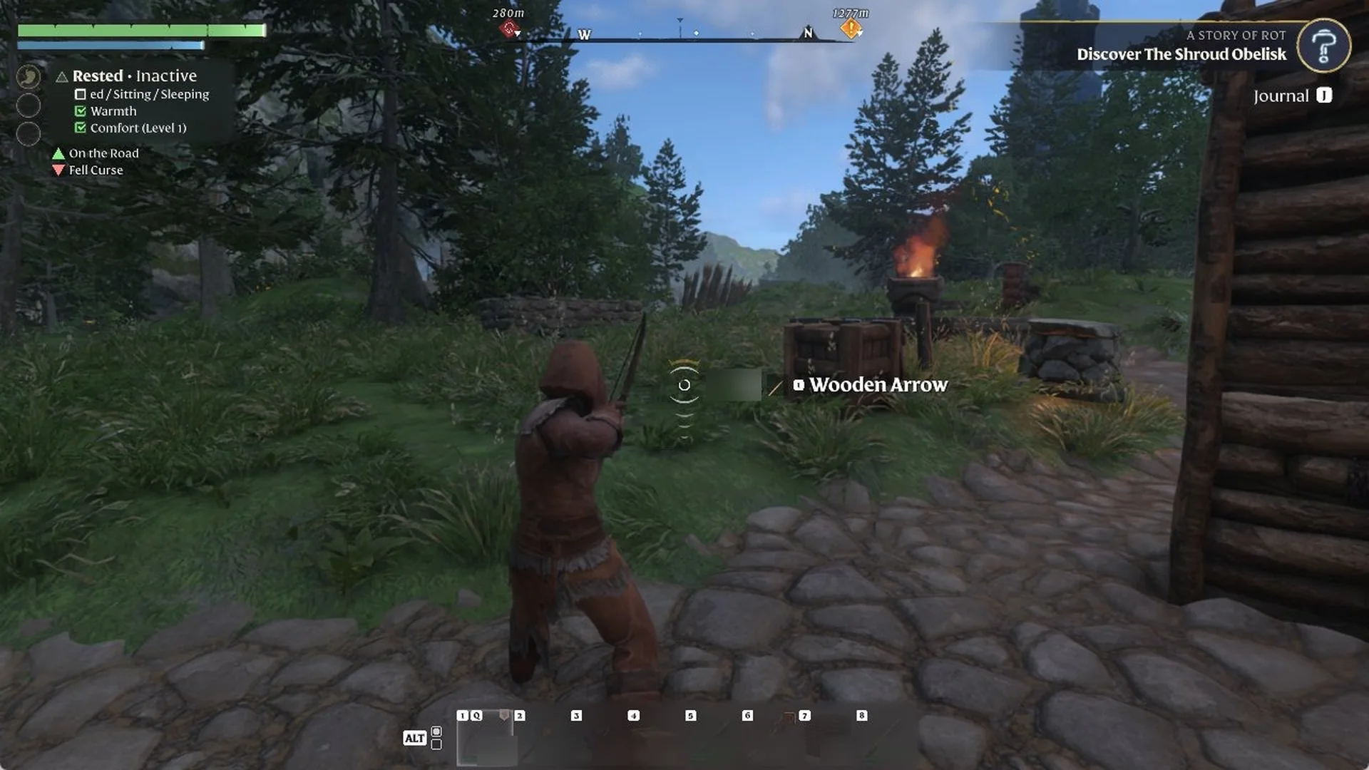 Enshrouded character aiming a drawn Bow near a wooden wall, ammo label reading 'Wooden Arrow'