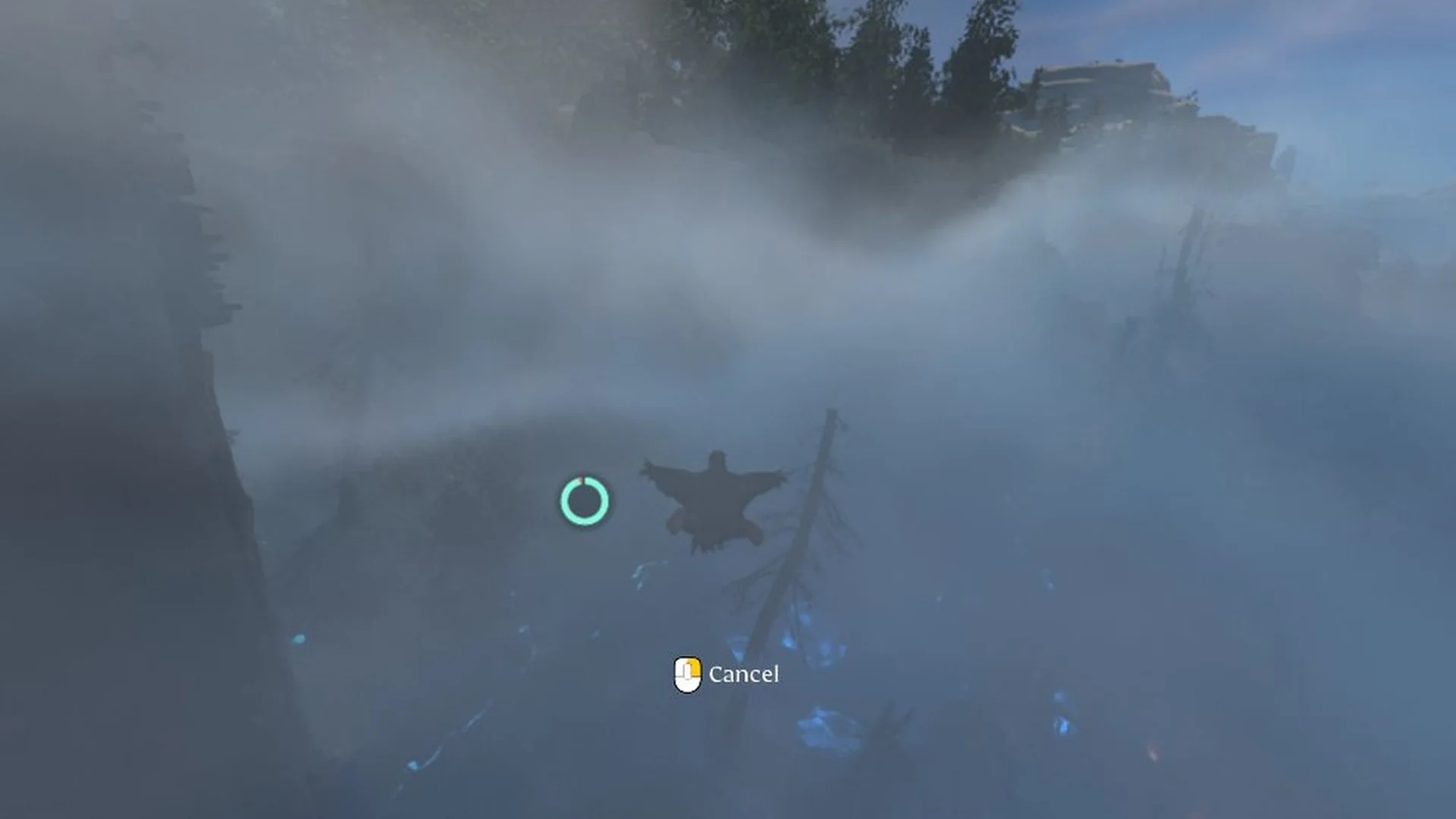 Enshrouded open Glider seen from behind, descending from the cliff into the Shroud fog