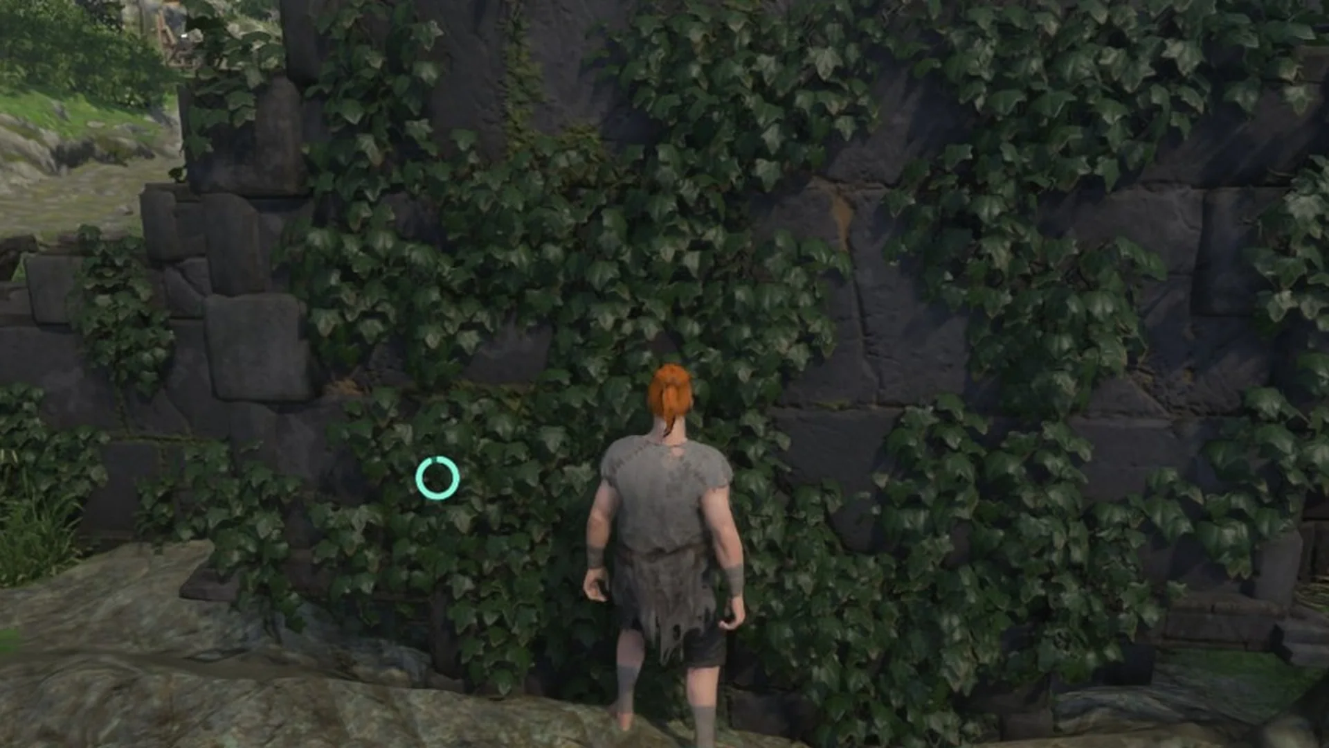 Enshrouded character by an ivy-covered stone wall near the camp gate at Braelyn Bridge
