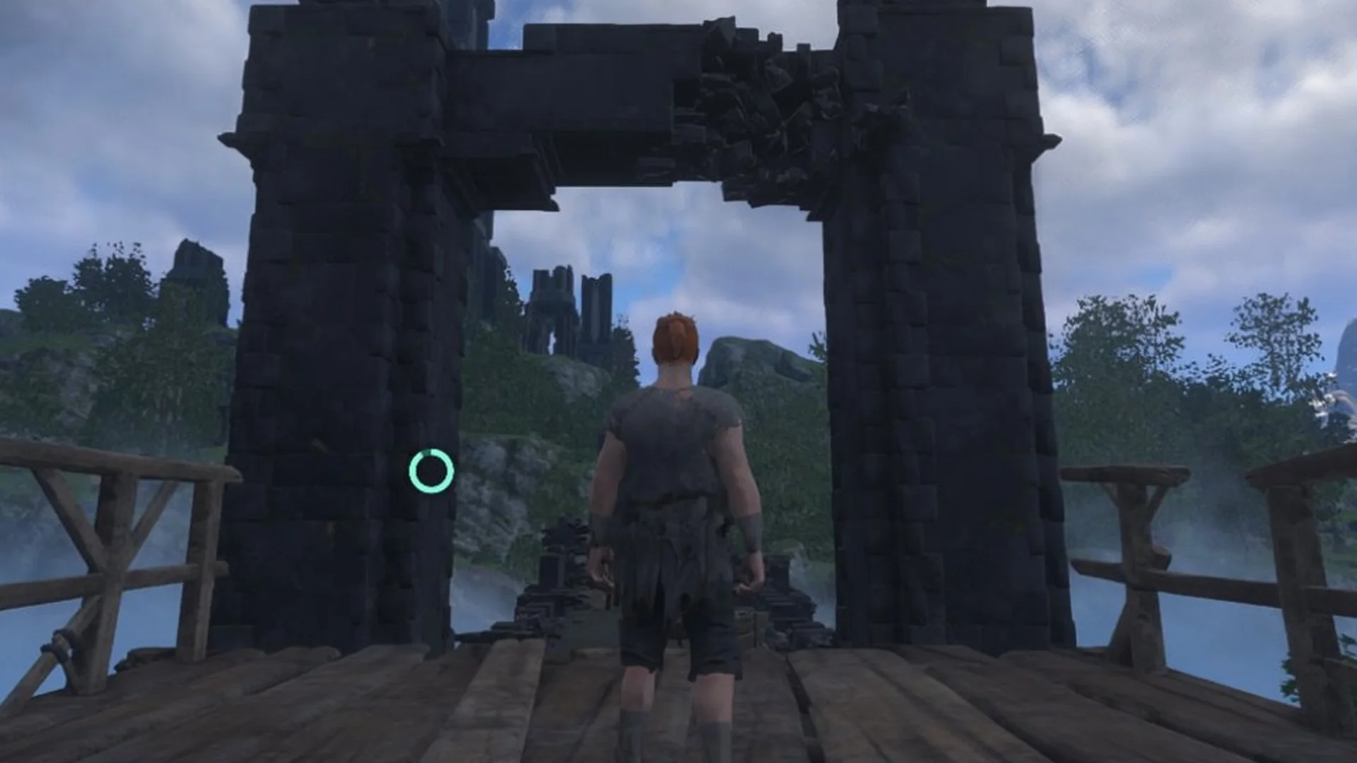 Enshrouded character on wooden planks atop the first stone pier of Braelyn Bridge, facing north