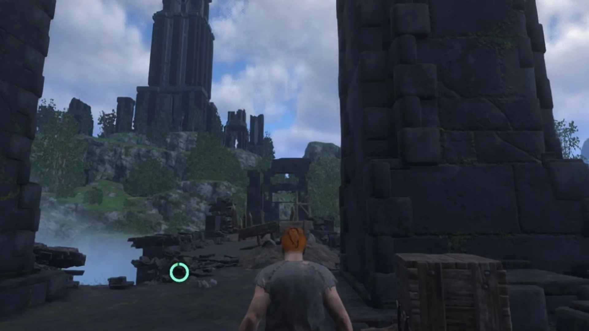 Enshrouded character on the stone bridge facing a ruined tower, with a wooden crate nearby