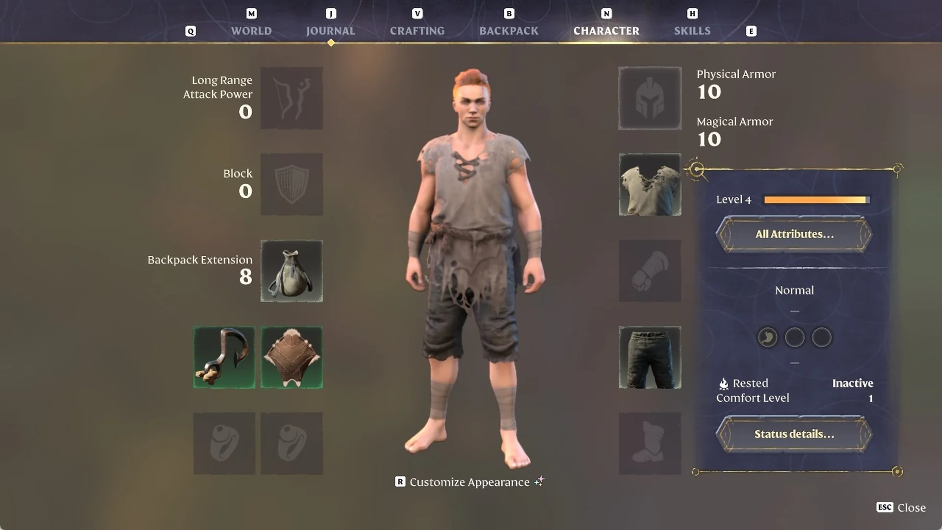 Enshrouded CHARACTER tab showing a character in a 'Ragged Shirt' and 'Threadbare Pants'